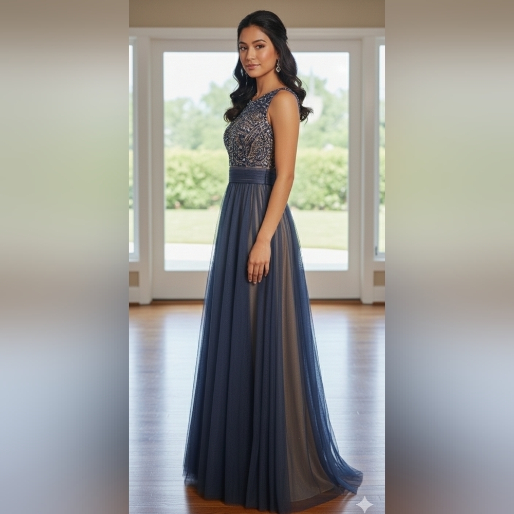 Fiesta Fashion Backless Navy Blue & Nude Dress - Picture 4 of 16